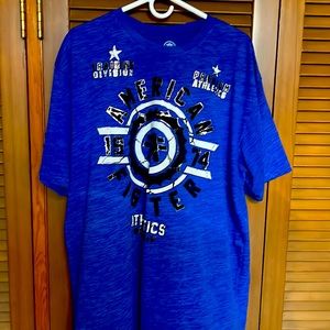 American Fighter 4XL Blue shirt with black,white, and gray graphics